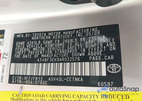 2010 Toyota Camry Le из США, поврежденный, VIN 4T4BF3EK9AR022576